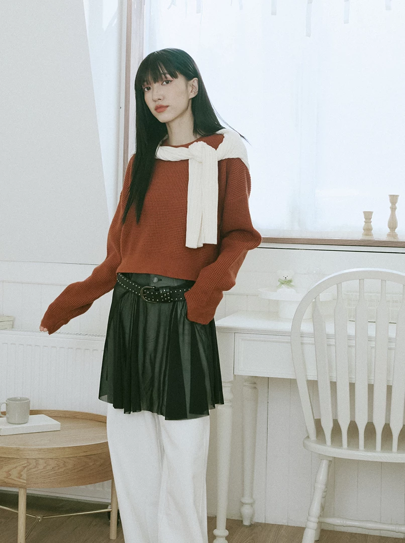 華夫格經典圓領針織毛衣