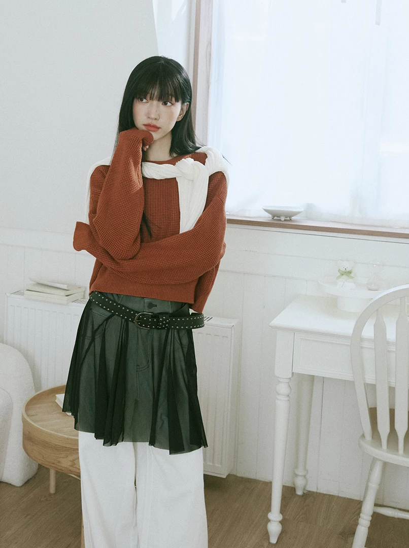 華夫格經典圓領針織毛衣