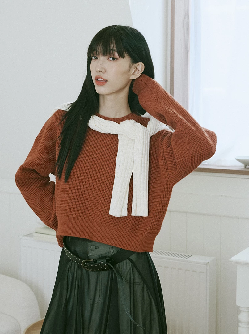 華夫格經典圓領針織毛衣