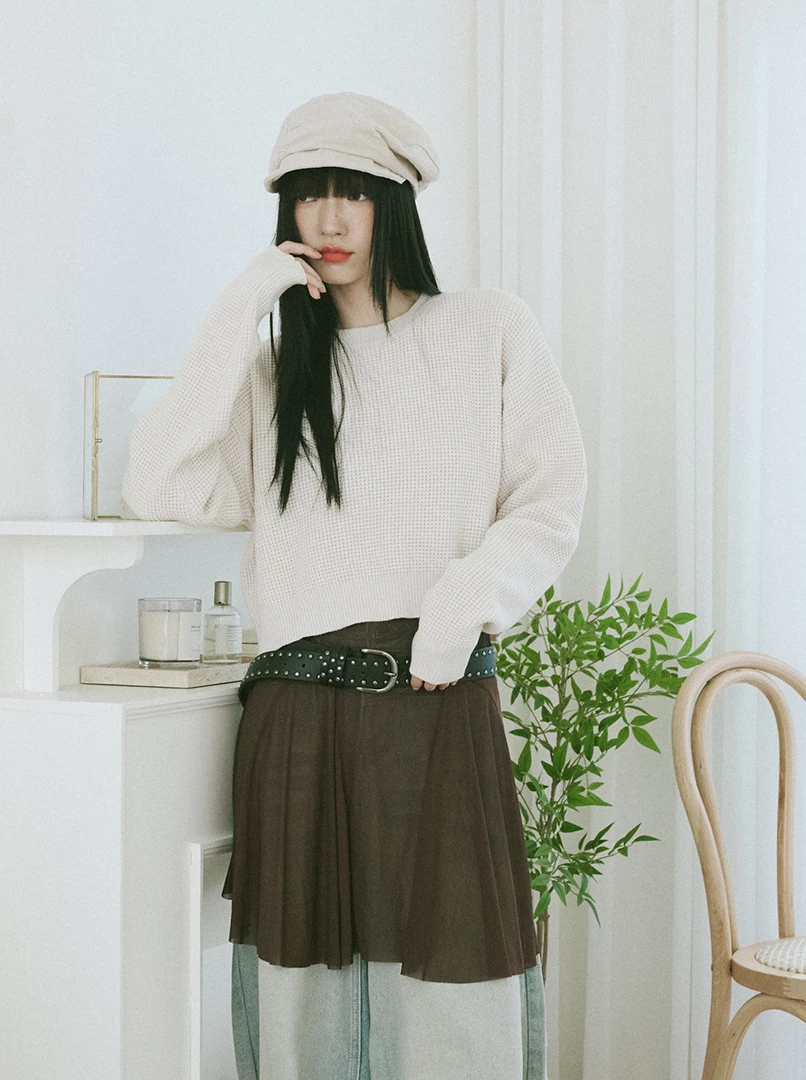 華夫格經典圓領針織毛衣