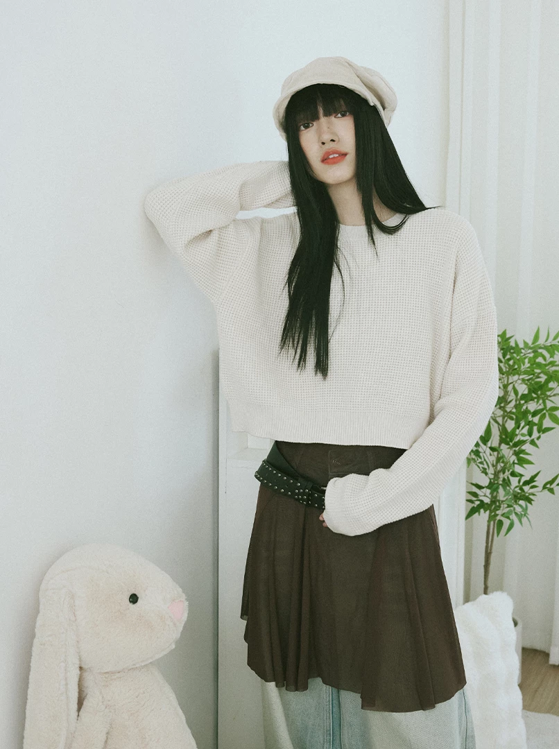 華夫格經典圓領針織毛衣