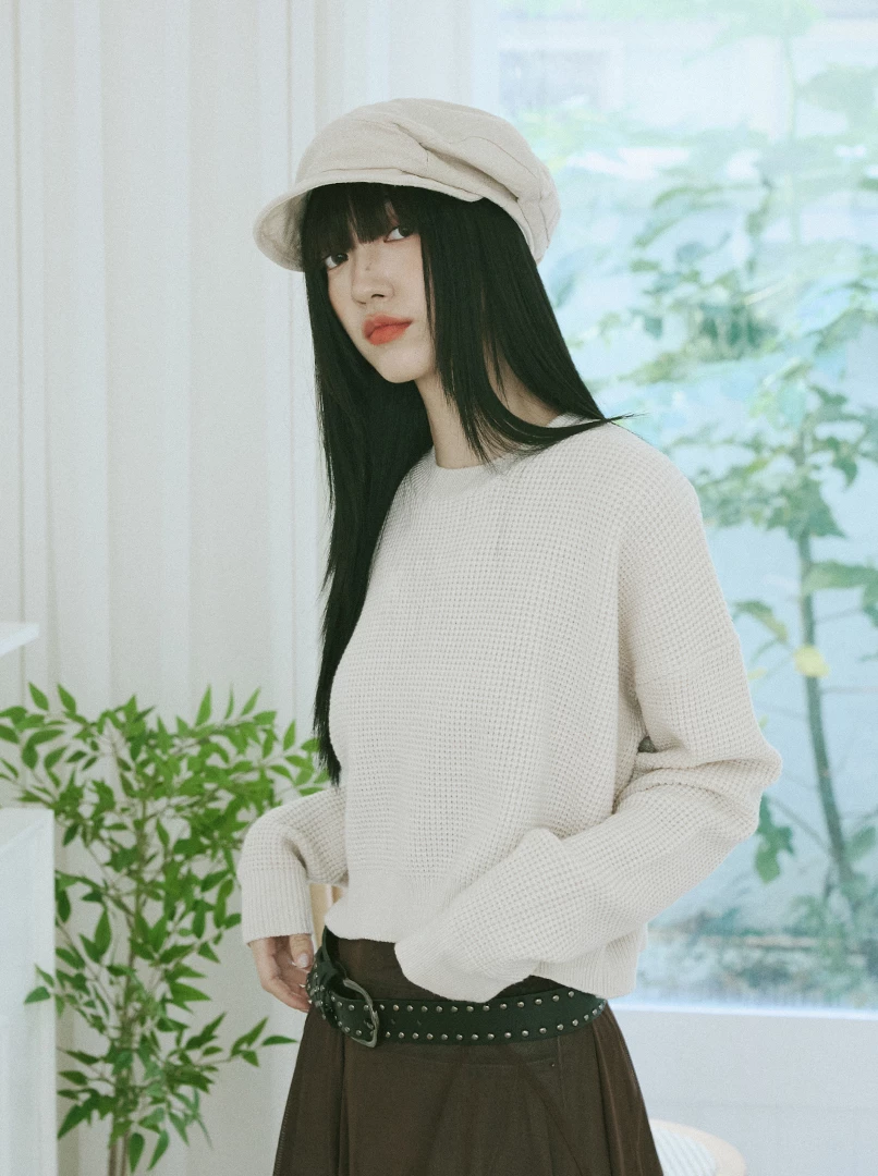 華夫格經典圓領針織毛衣