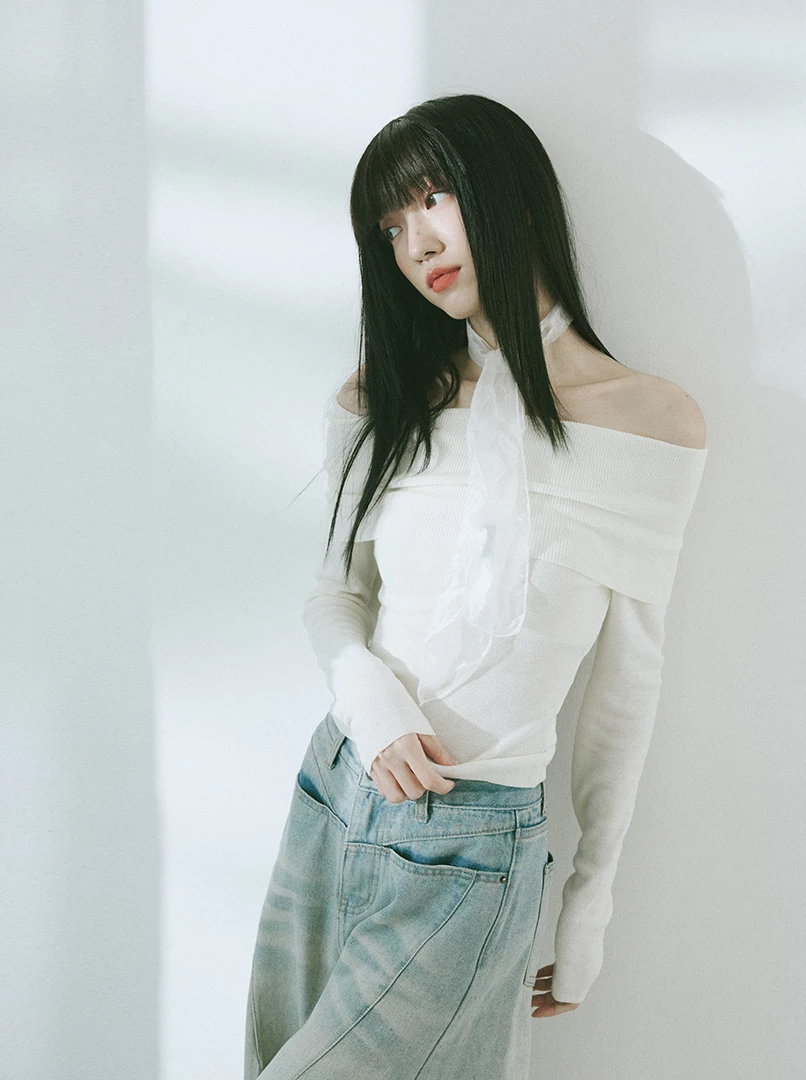 一字露肩針織長袖上衣