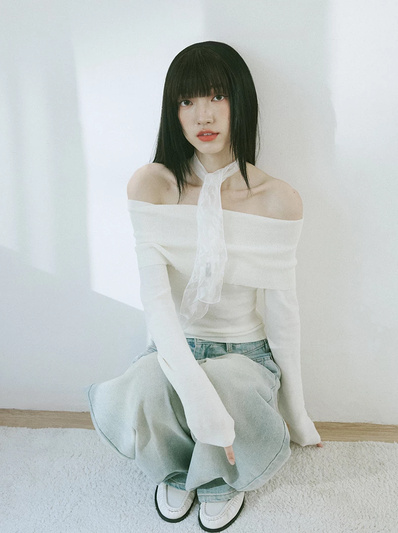 一字露肩針織長袖上衣