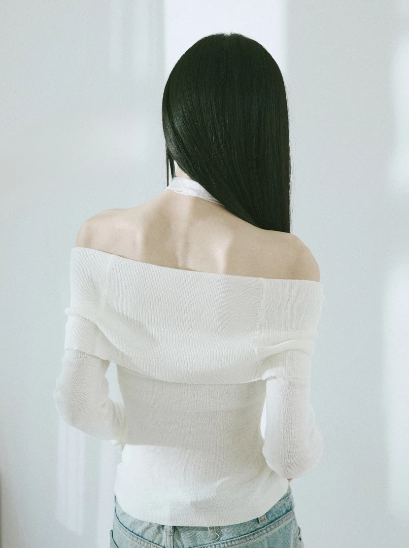 一字露肩針織長袖上衣