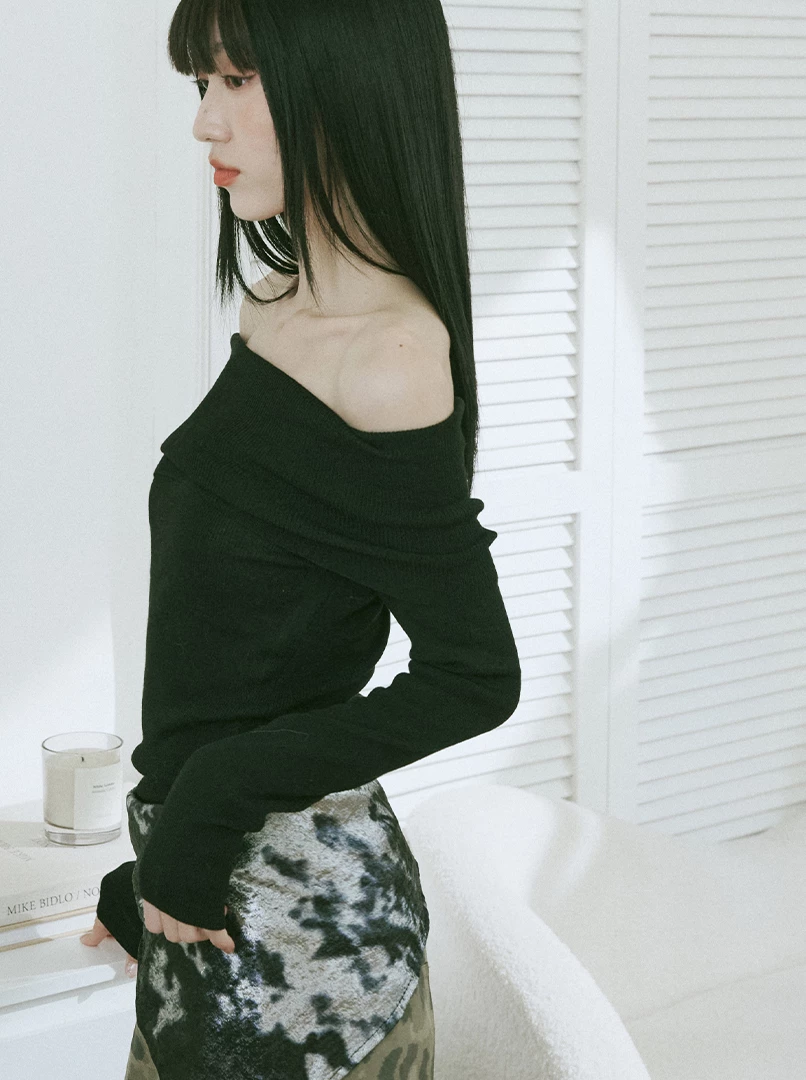 一字露肩針織長袖上衣