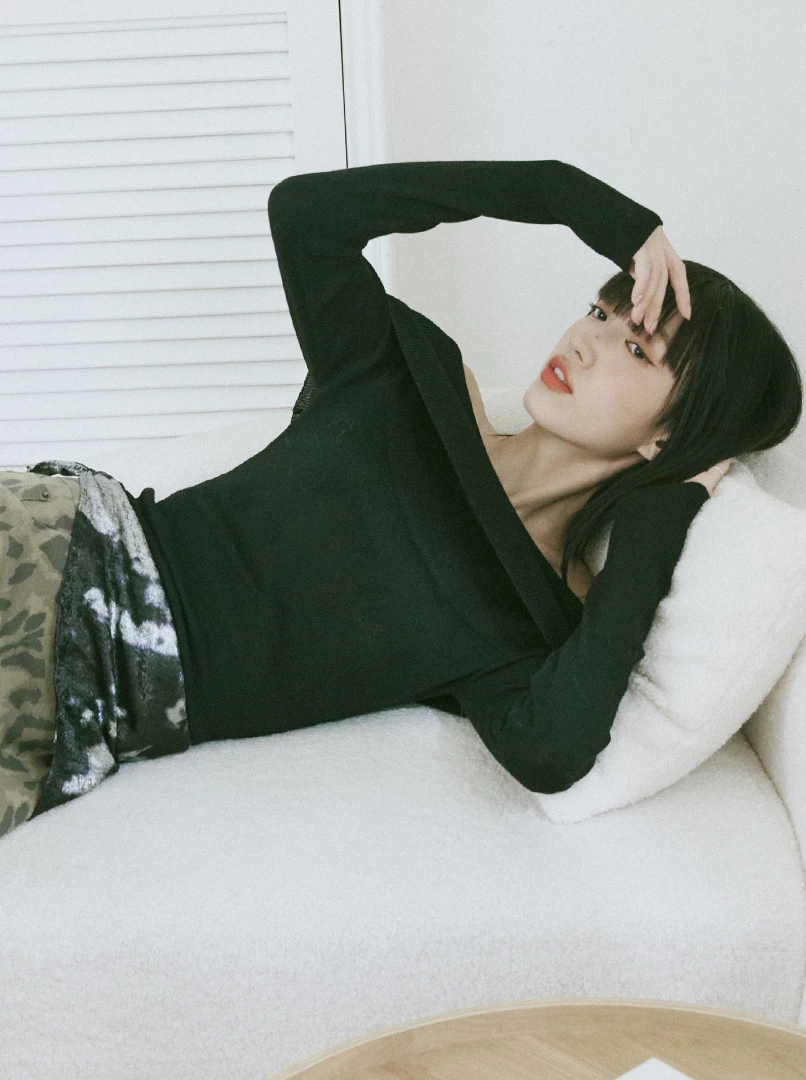 一字露肩針織長袖上衣