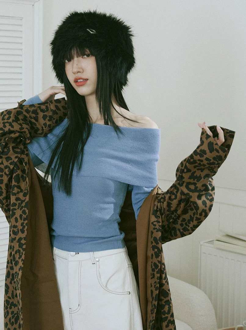 一字露肩針織長袖上衣