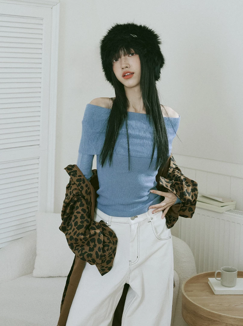 一字露肩針織長袖上衣