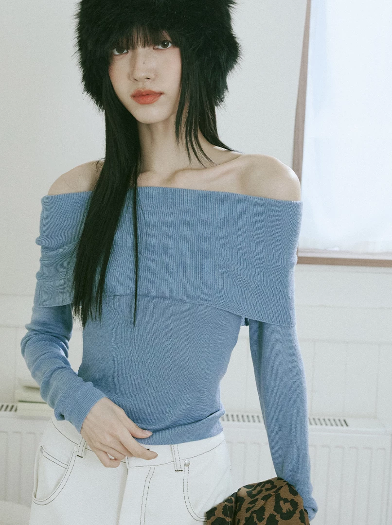 一字露肩針織長袖上衣