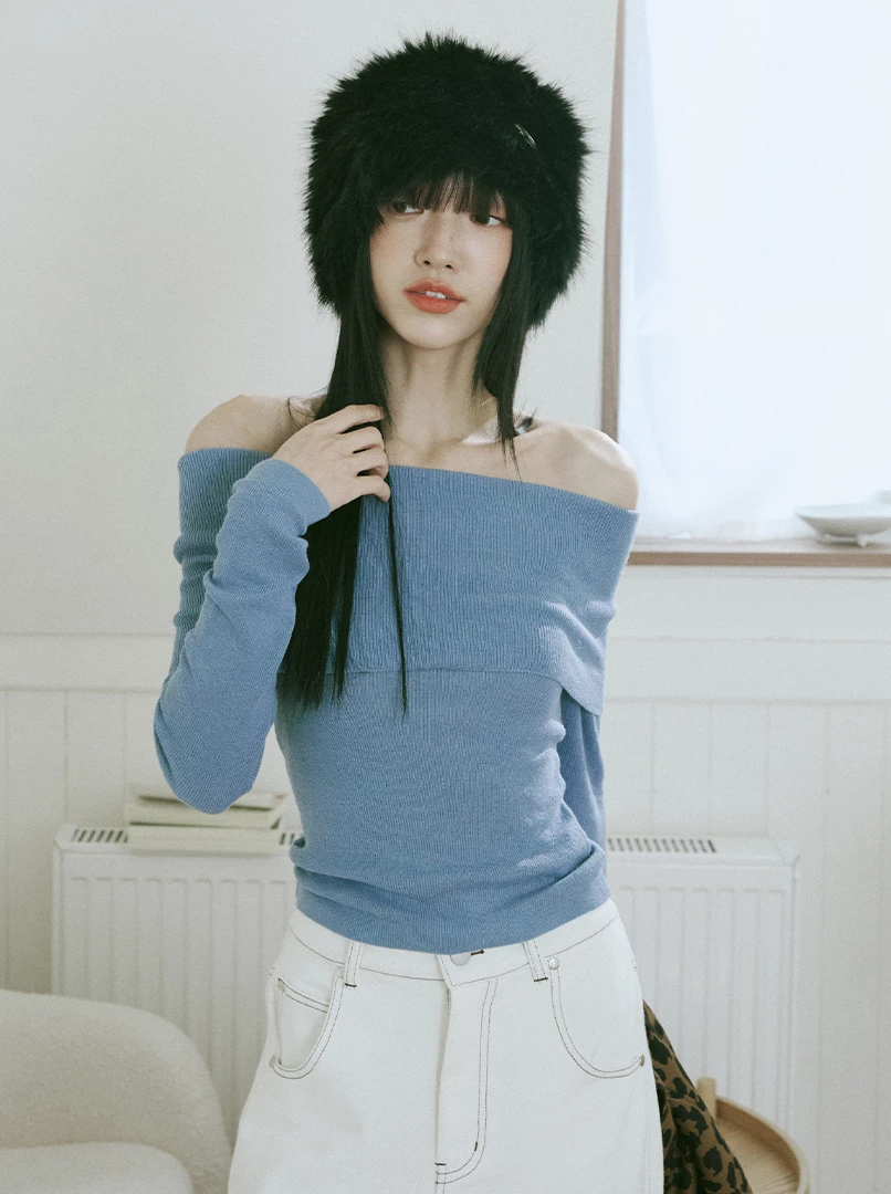 一字露肩針織長袖上衣