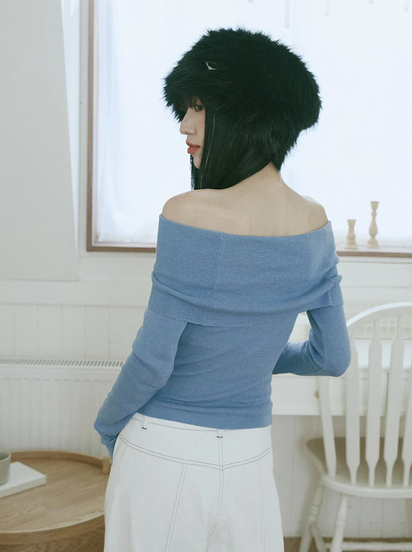 一字露肩針織長袖上衣