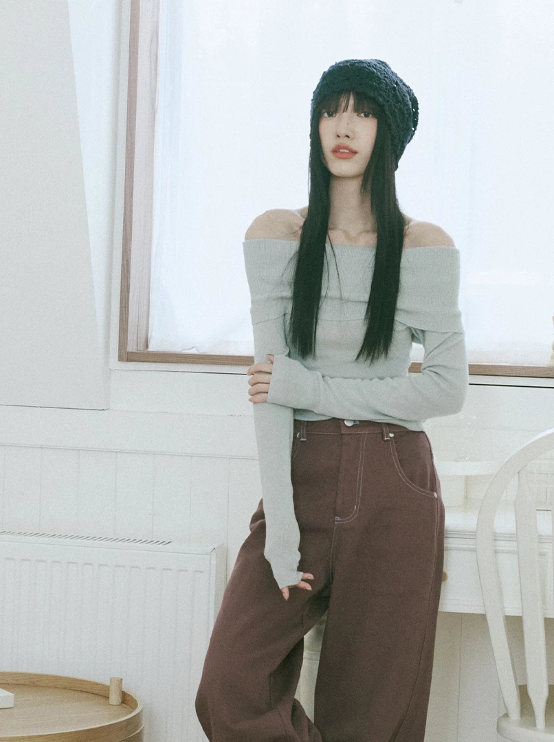 一字露肩針織長袖上衣