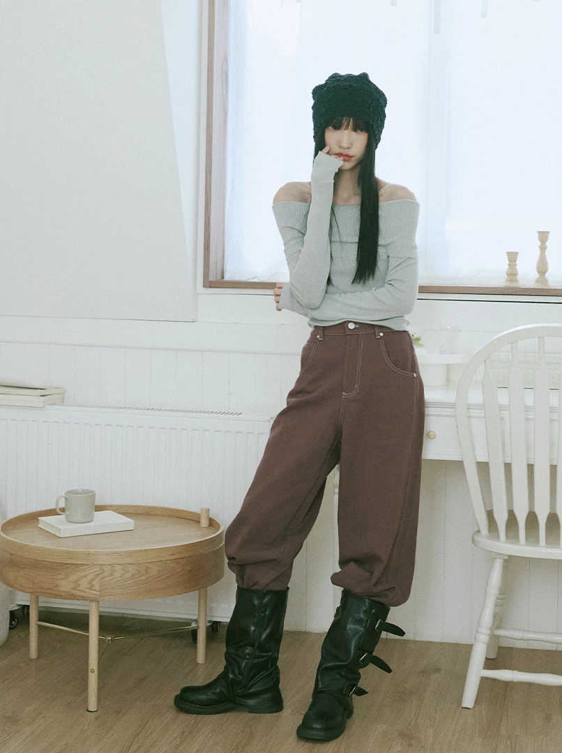 一字露肩針織長袖上衣