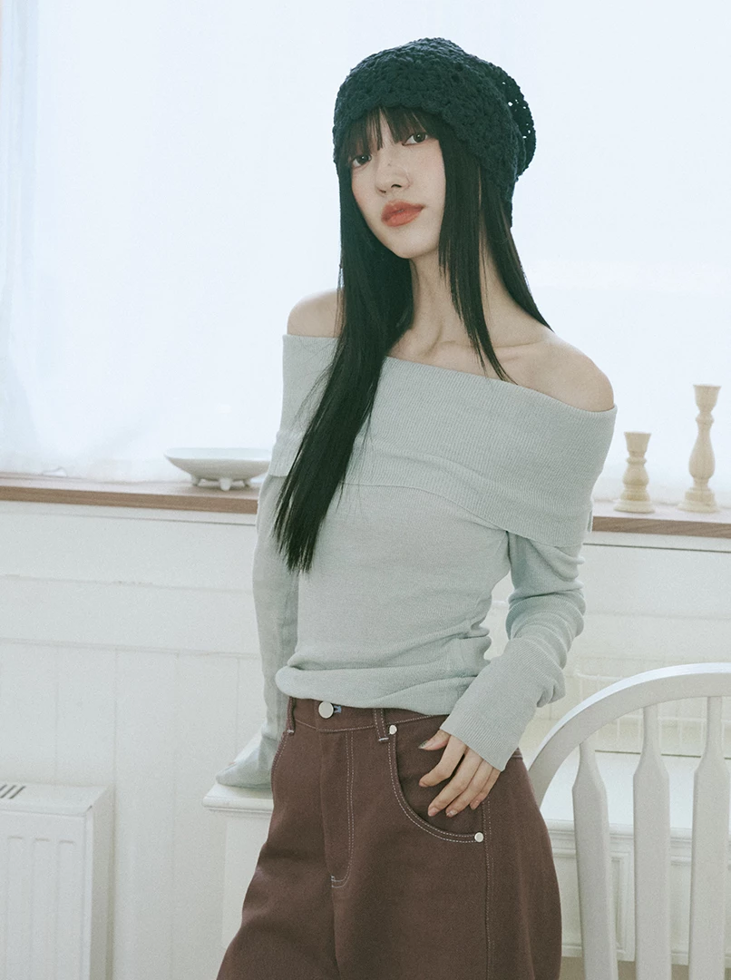 一字露肩針織長袖上衣