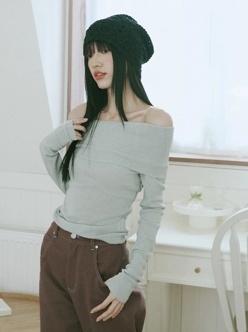 一字露肩針織長袖上衣