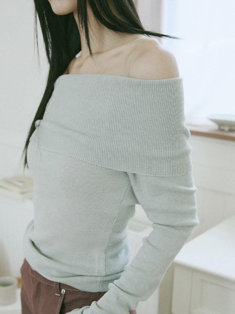 一字露肩針織長袖上衣