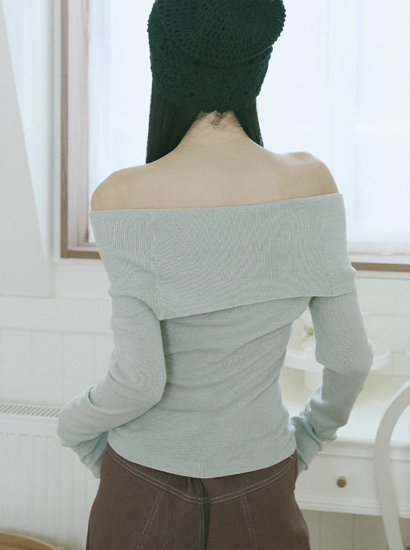 一字露肩針織長袖上衣