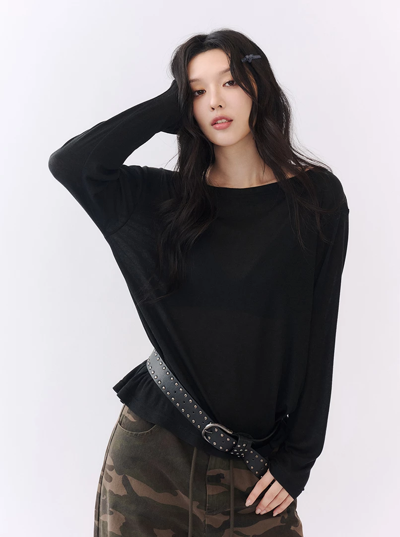 圓領透膚後開衩長袖衫