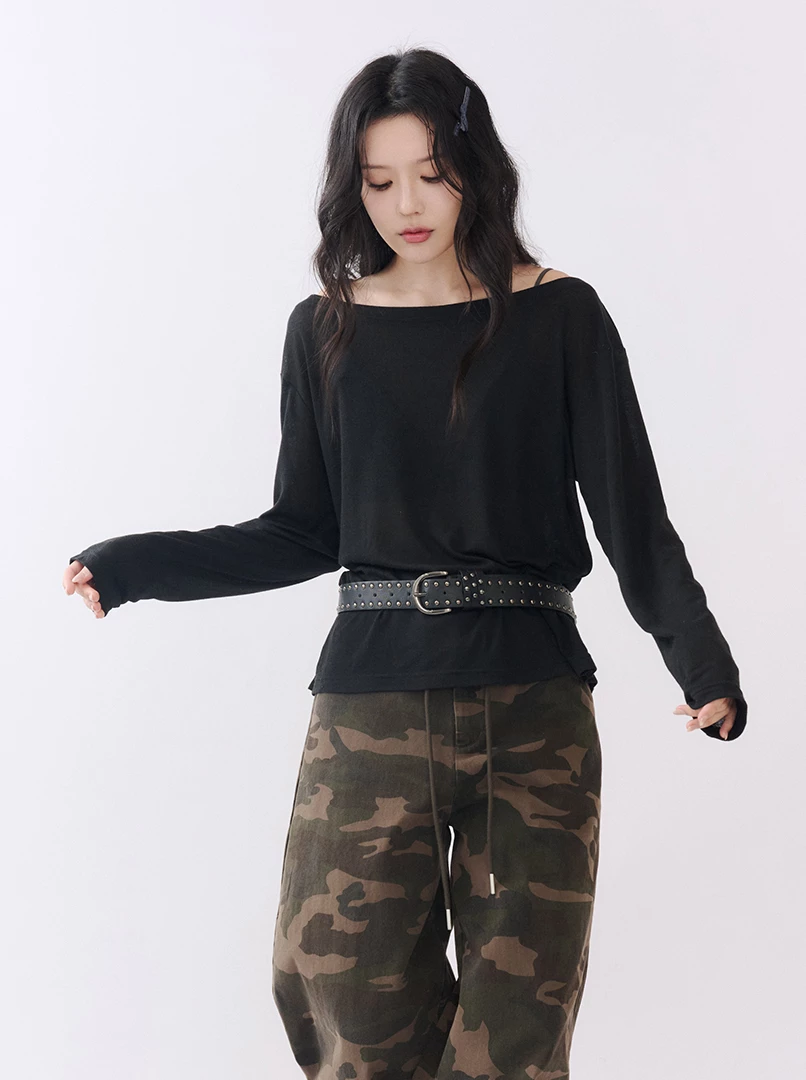 圓領透膚後開衩長袖衫