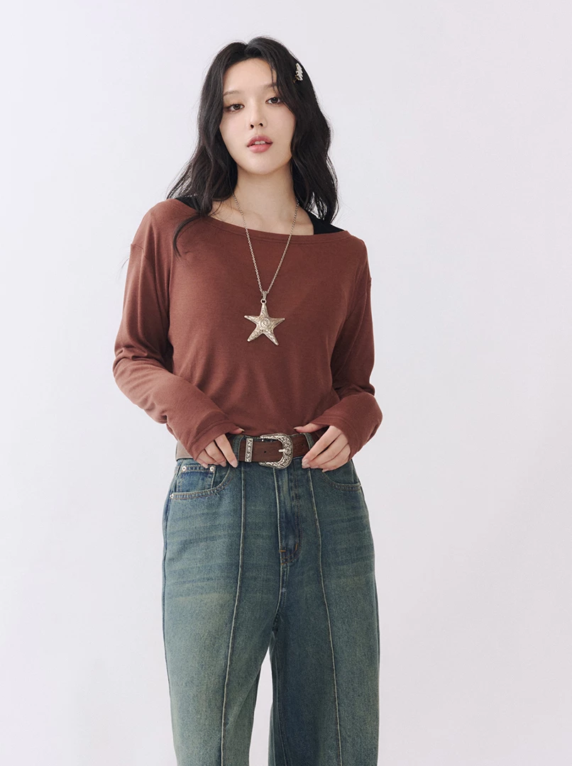 圓領透膚後開衩長袖衫