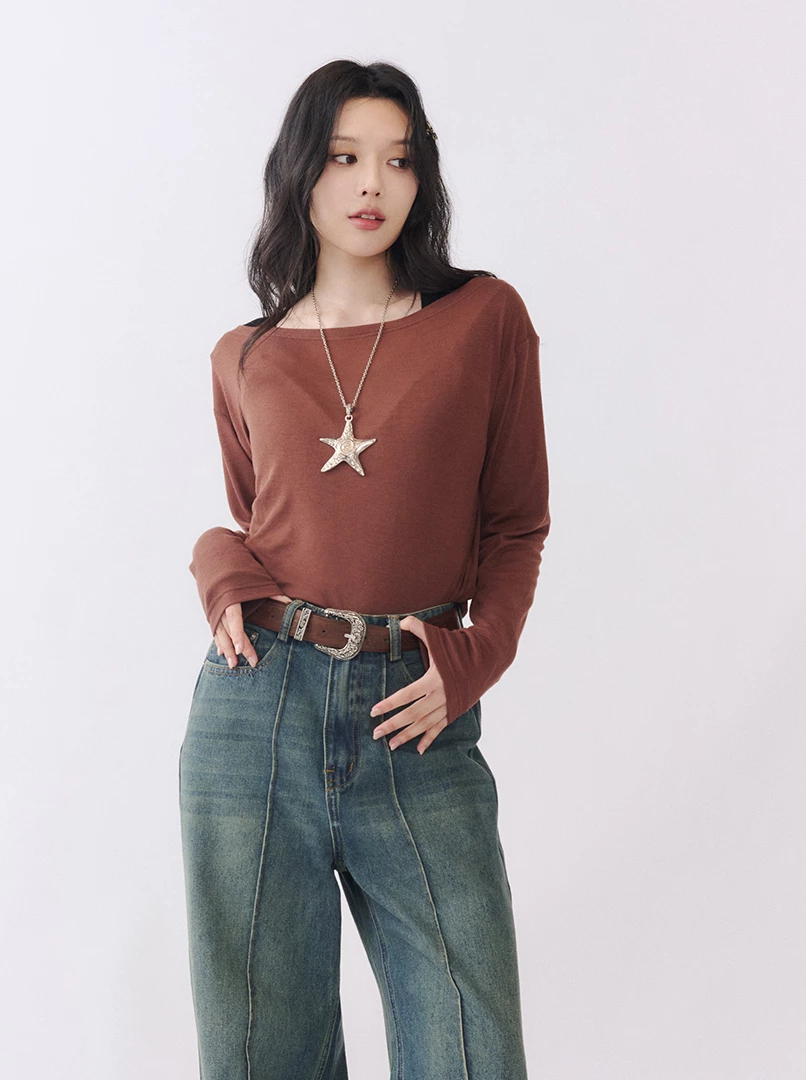 圓領透膚後開衩長袖衫